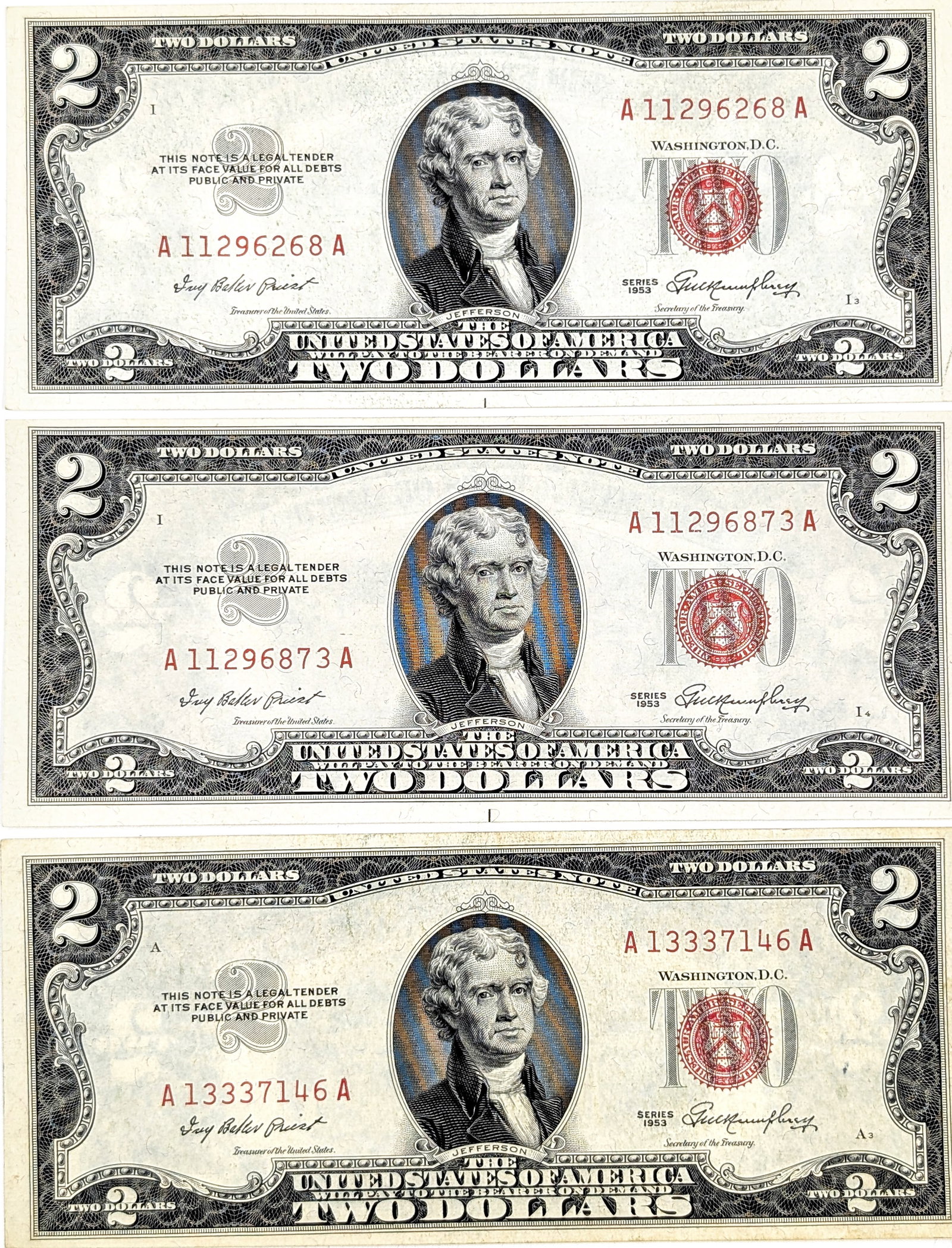 Lot of 3 - 1953 $2 Notes - Red Seals: Crisp/Excellent Condition
