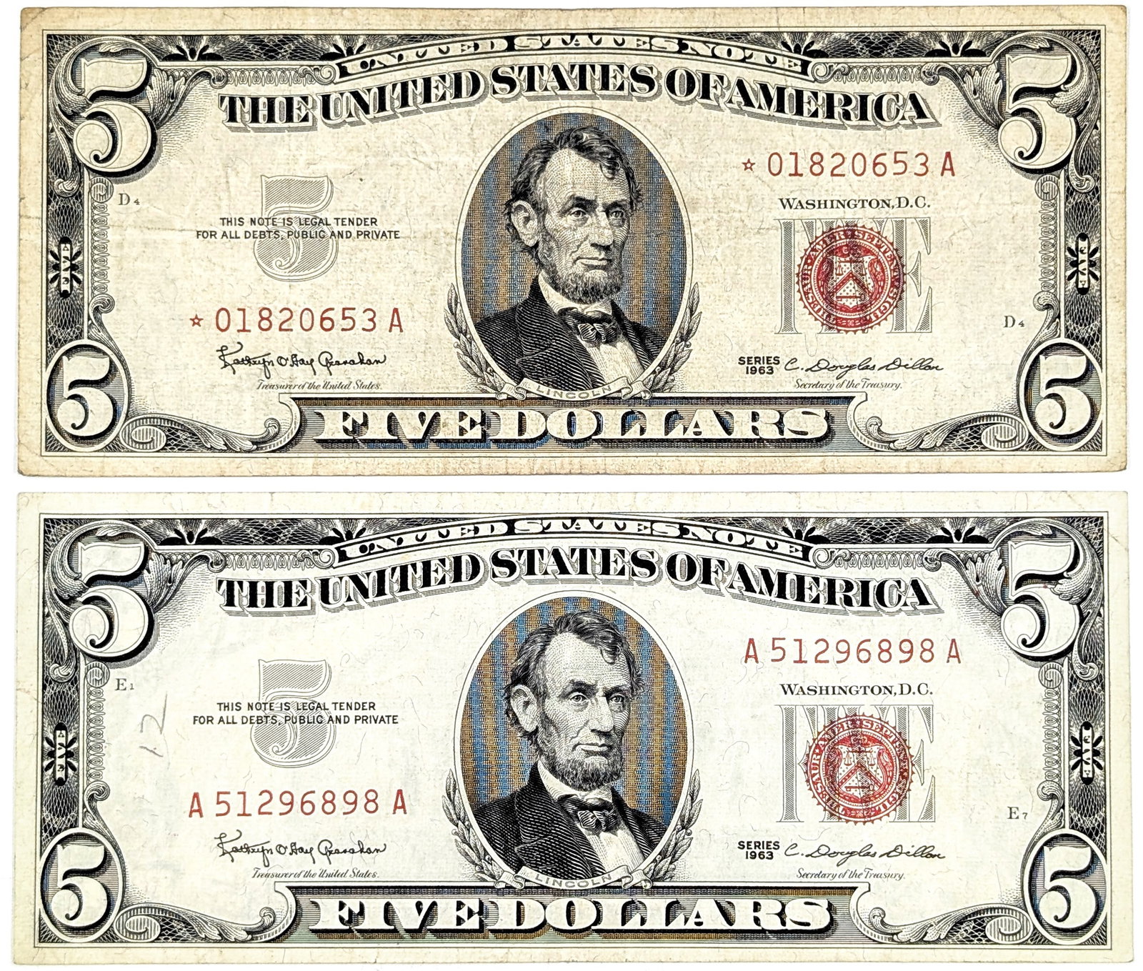 Lot of 2 - 1963 $5 Notes - Star Note, Red Seals: Circulated