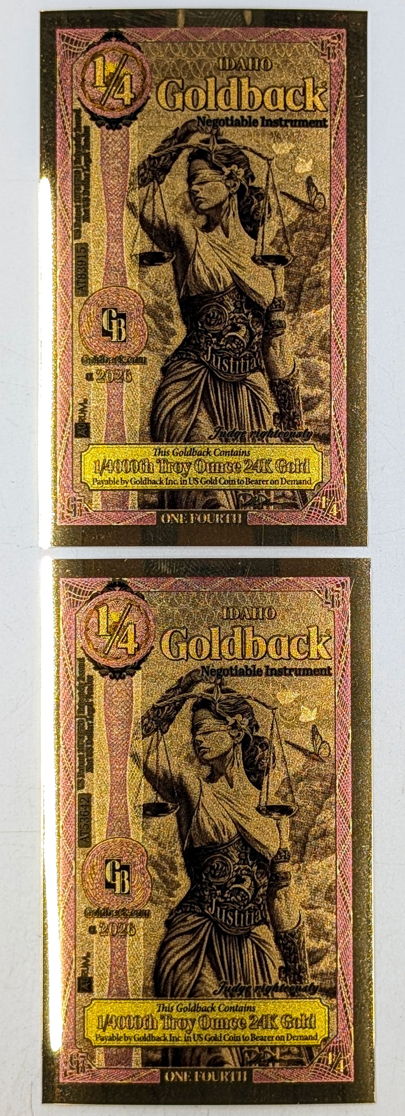 Lot of 2 - 2026 1/4 Idaho Goldbacks 1/40000 th Troy Ounce 24K Gold each: _