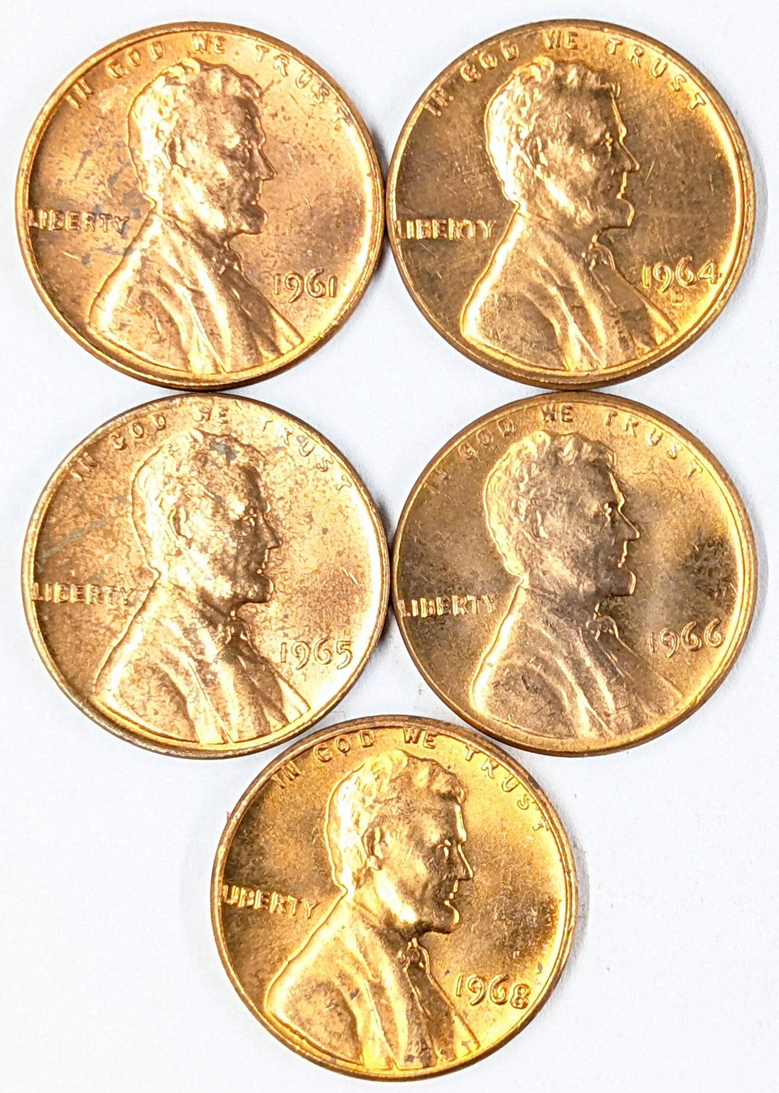 Lot of 5 Uncirculated Lincoln Cents- 1961-1968: _