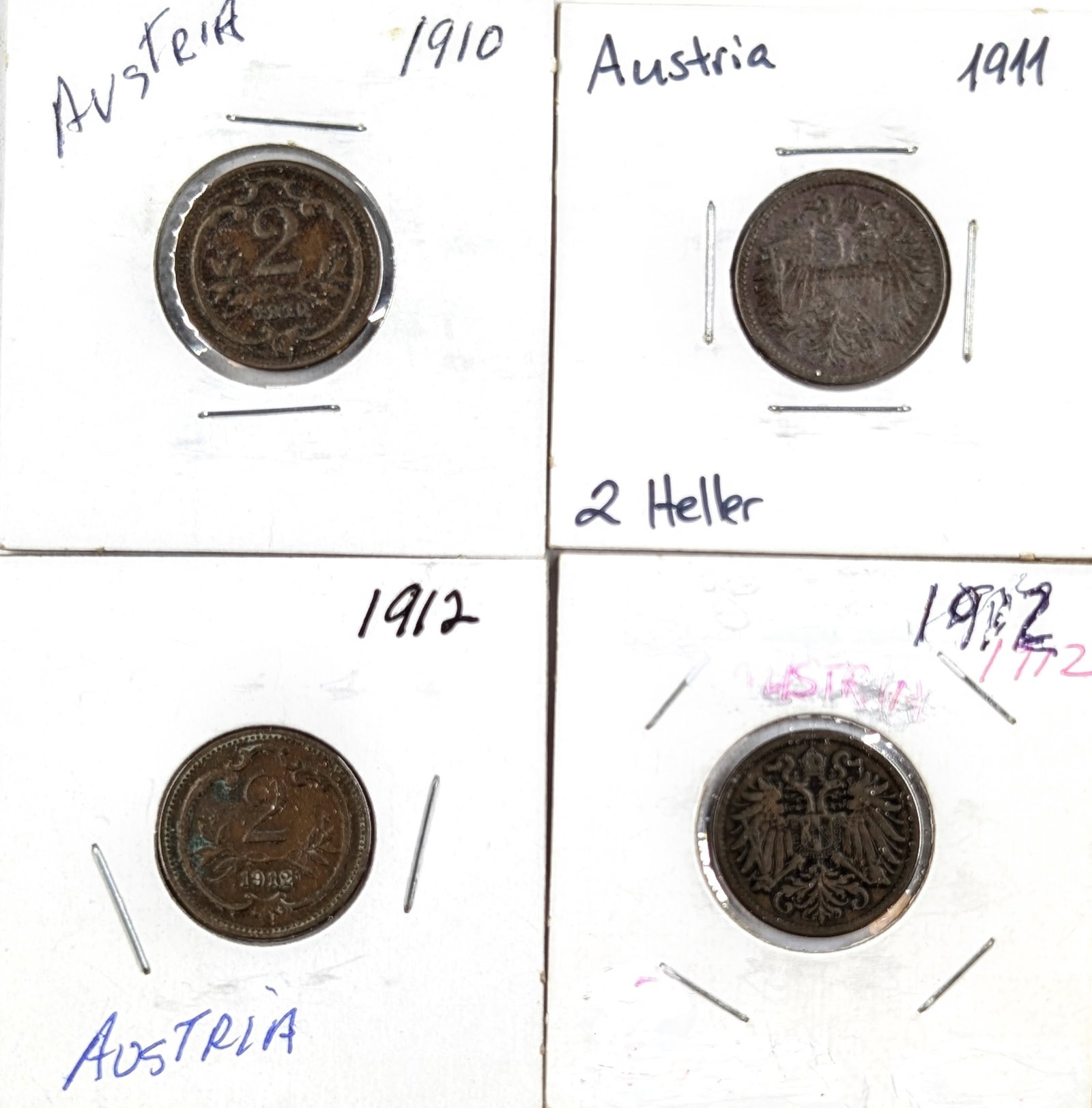 Lot of 4 Austria 2 Heller Coins- 1910-1912: _