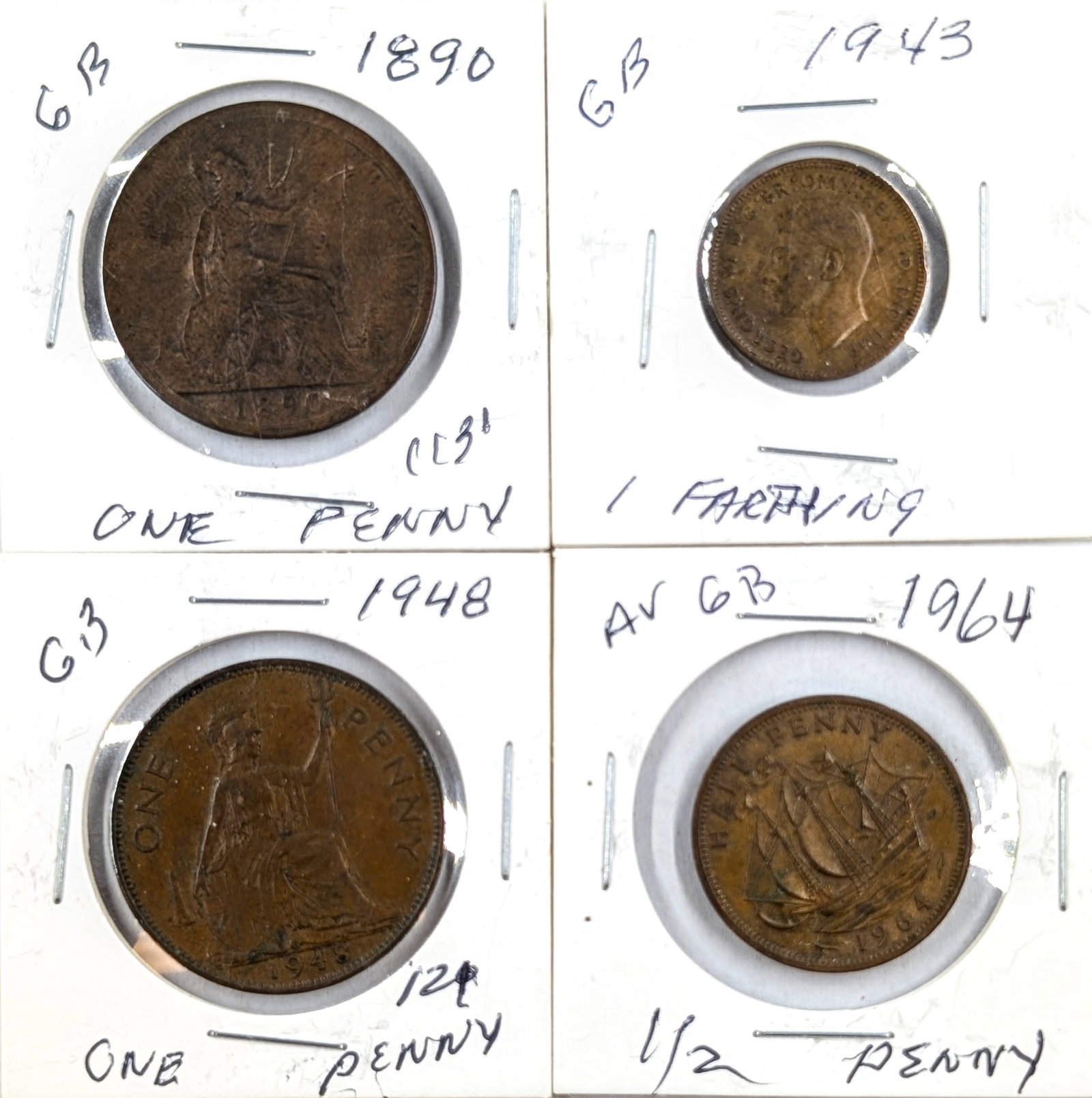 Lot of 4 Great Britain Coins- 2 One Pennies, 1 Farthing, 1/2 Penny: _
