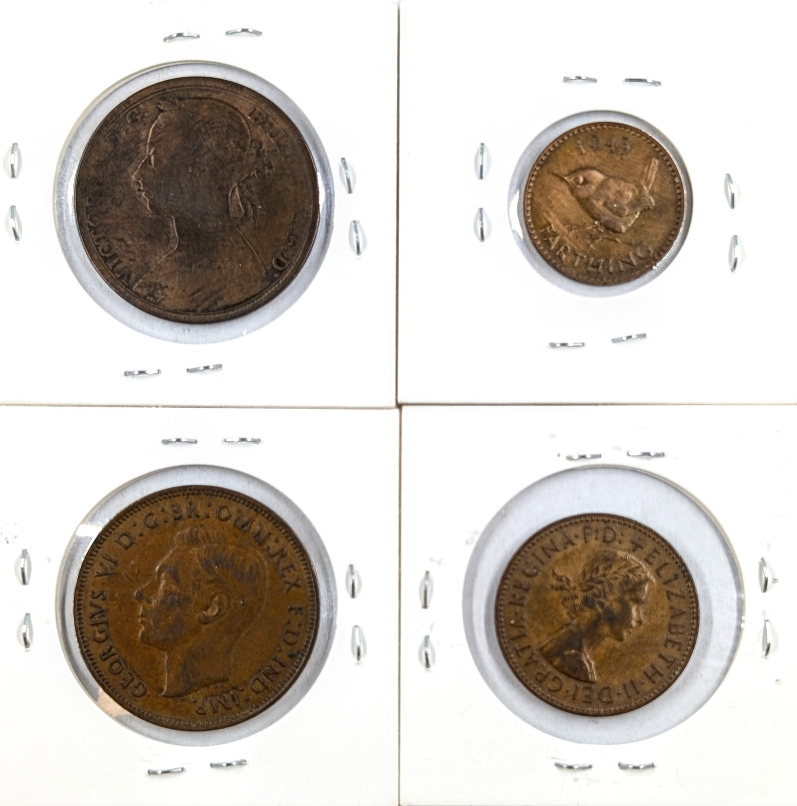Lot of 4 Great Britain Coins- 2 One Pennies, 1 Farthing, 1/2 Penny - 2