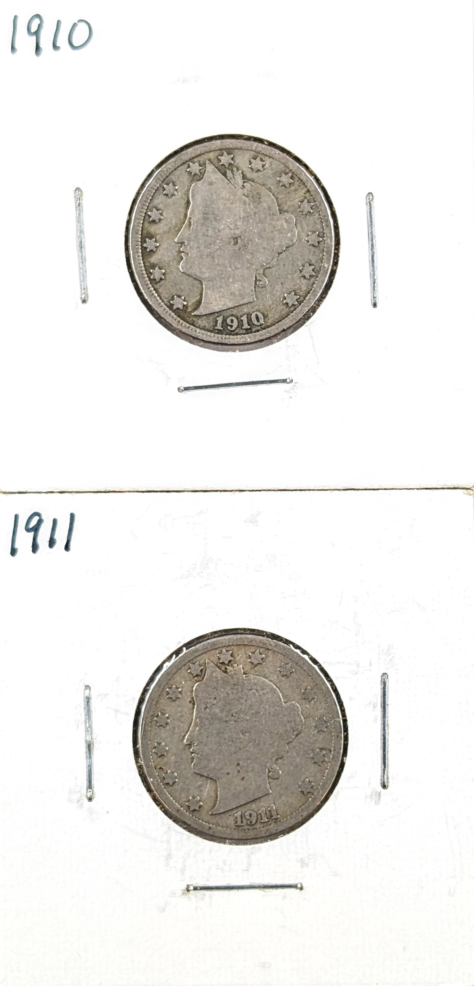 Lot of 2 V Nickels- 1910, 1911: _