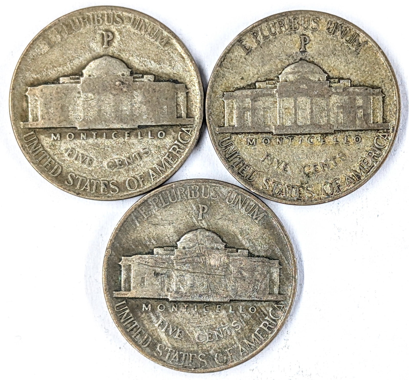 Lot of 3 Silver War Nickels - 1942, 1943, 1944 - 2
