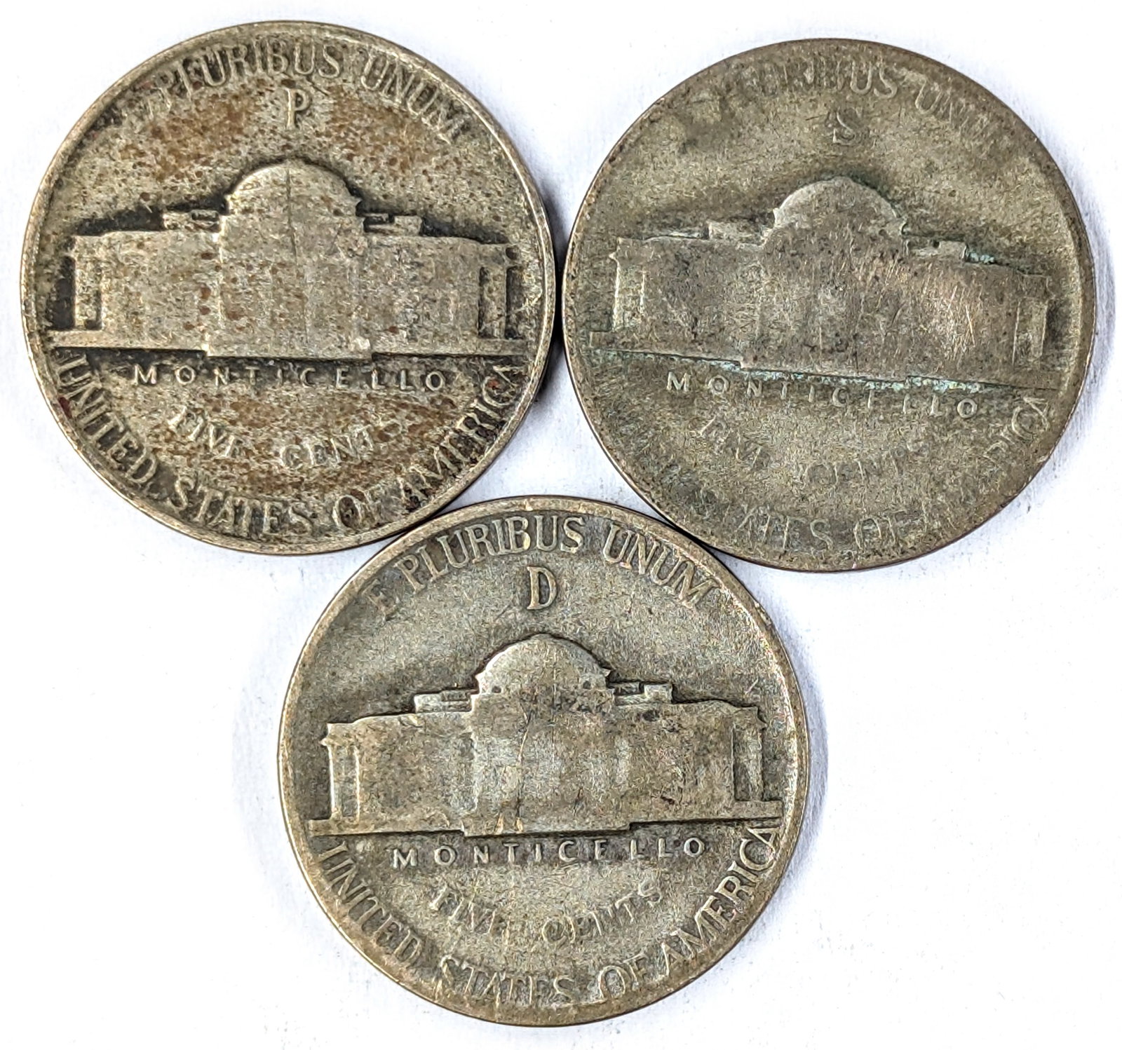 Lot of 3 Silver War Nickels - 1943 P/S/D - 2