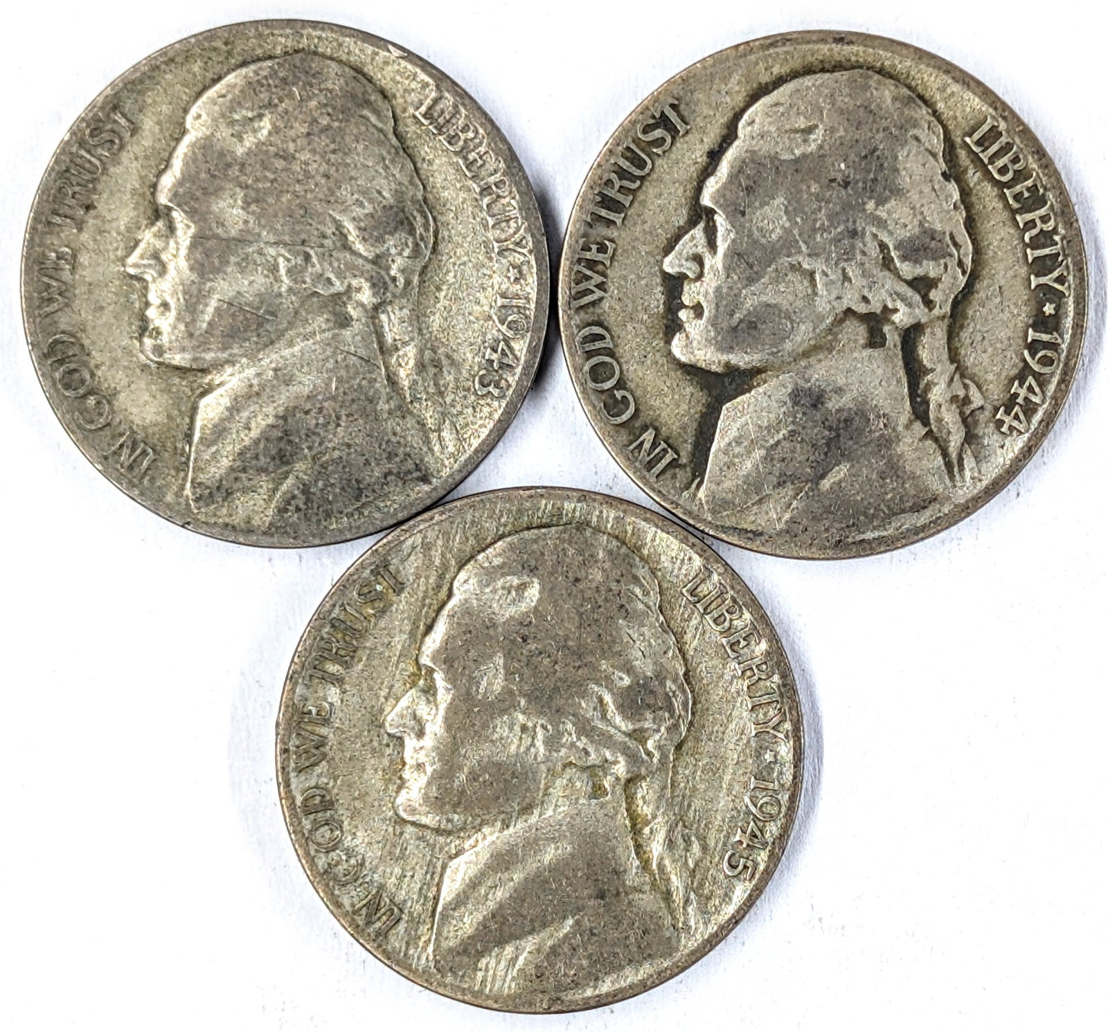 Lot of 3 Silver War Nickels - 1943-D, 1944-D, 1945-D: _