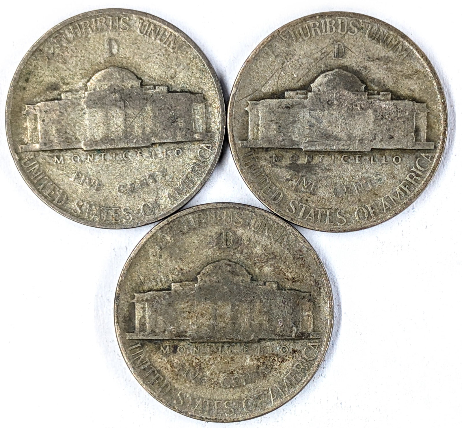 Lot of 3 Silver War Nickels - 1943-D, 1944-D, 1945-D - 2