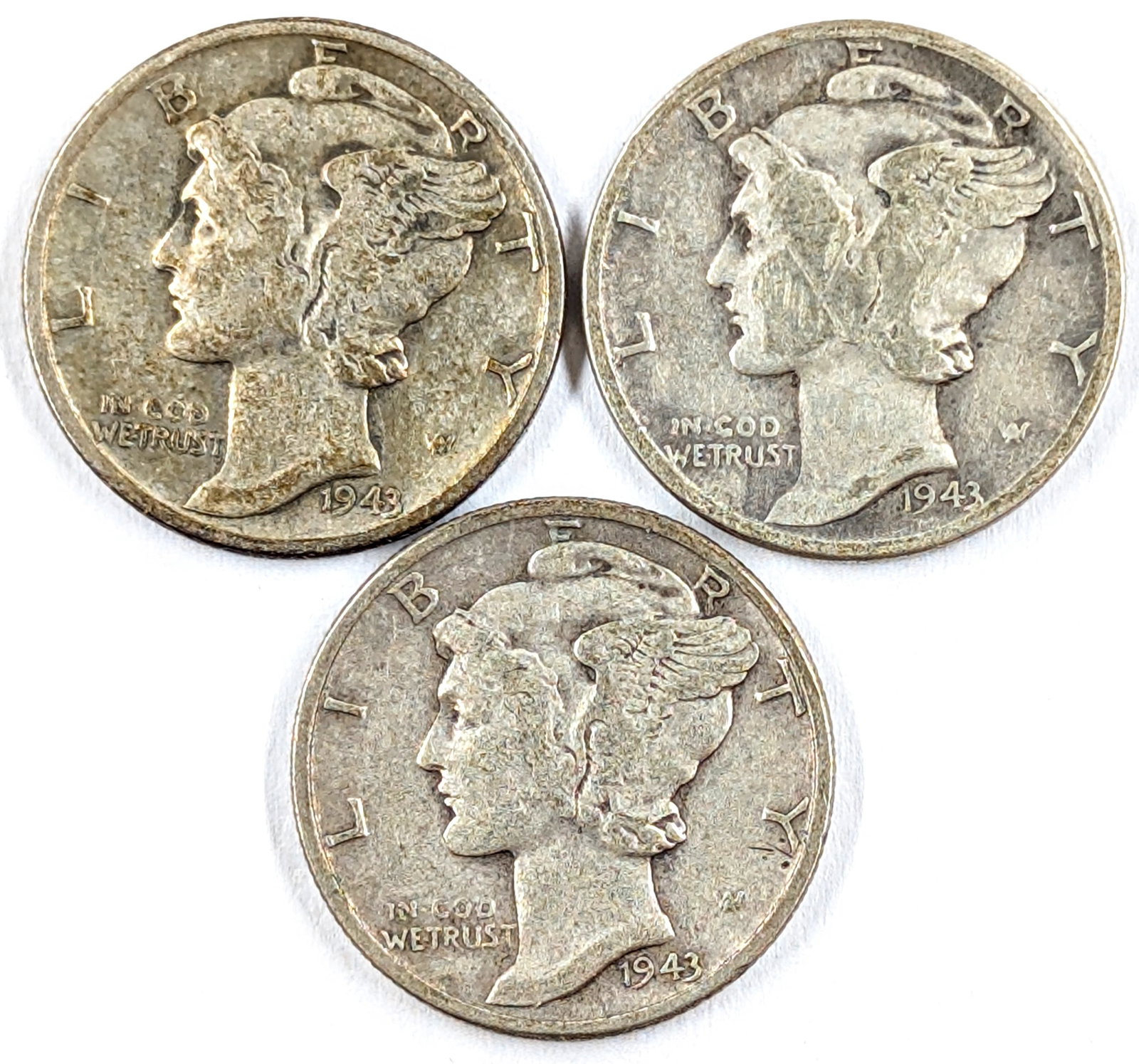 Lot of 3 Silver Mercury Dimes - All 1943: _