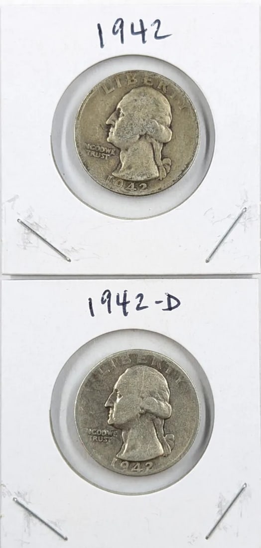 Lot of 2 Silver Washington Quarters - 1942 P/D: _
