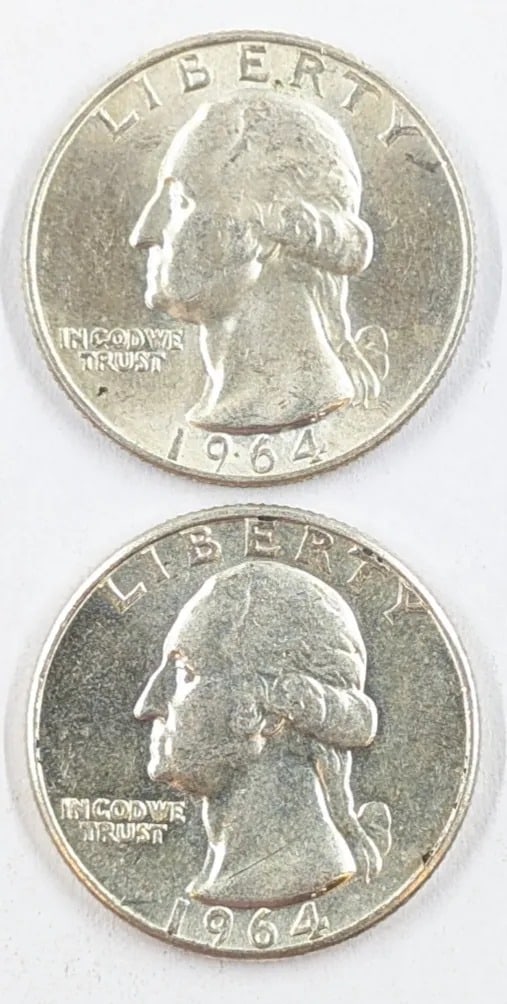 Lot of 2 Uncirculated Silver Washington Quarters - 1964 P/D: _