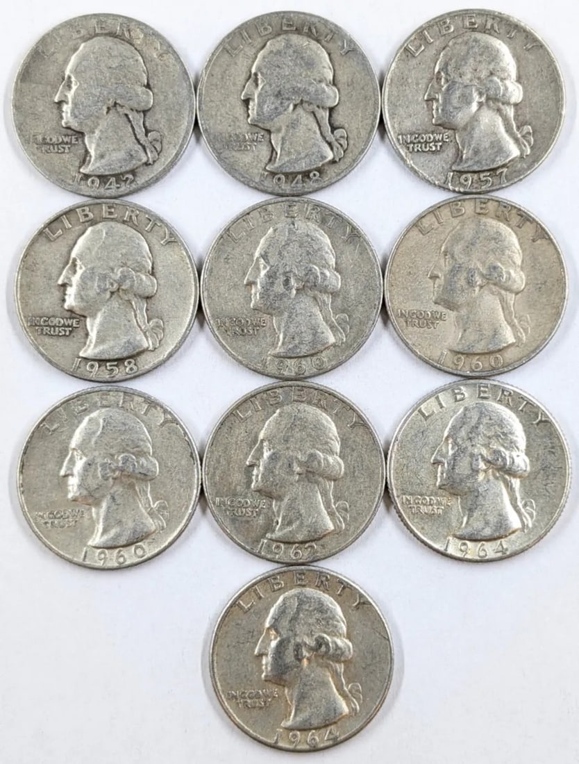 Lot of 10 Silver Washington Quarters - 1942-1964 (1 of 2)