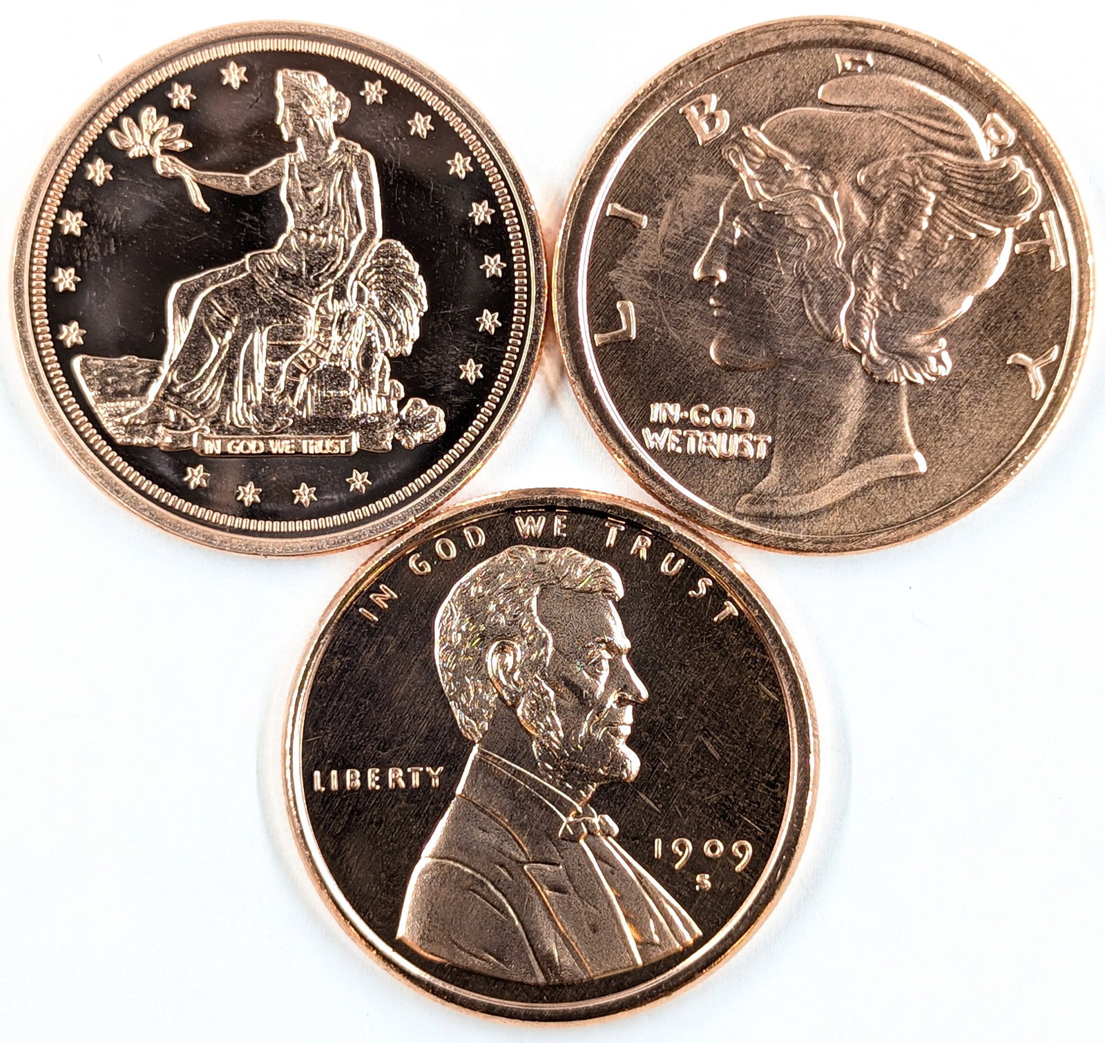 Lot of 3 - 1 Ounce (each) Fine .999 Copper Rounds - Lady Liberties, Lincoln: _