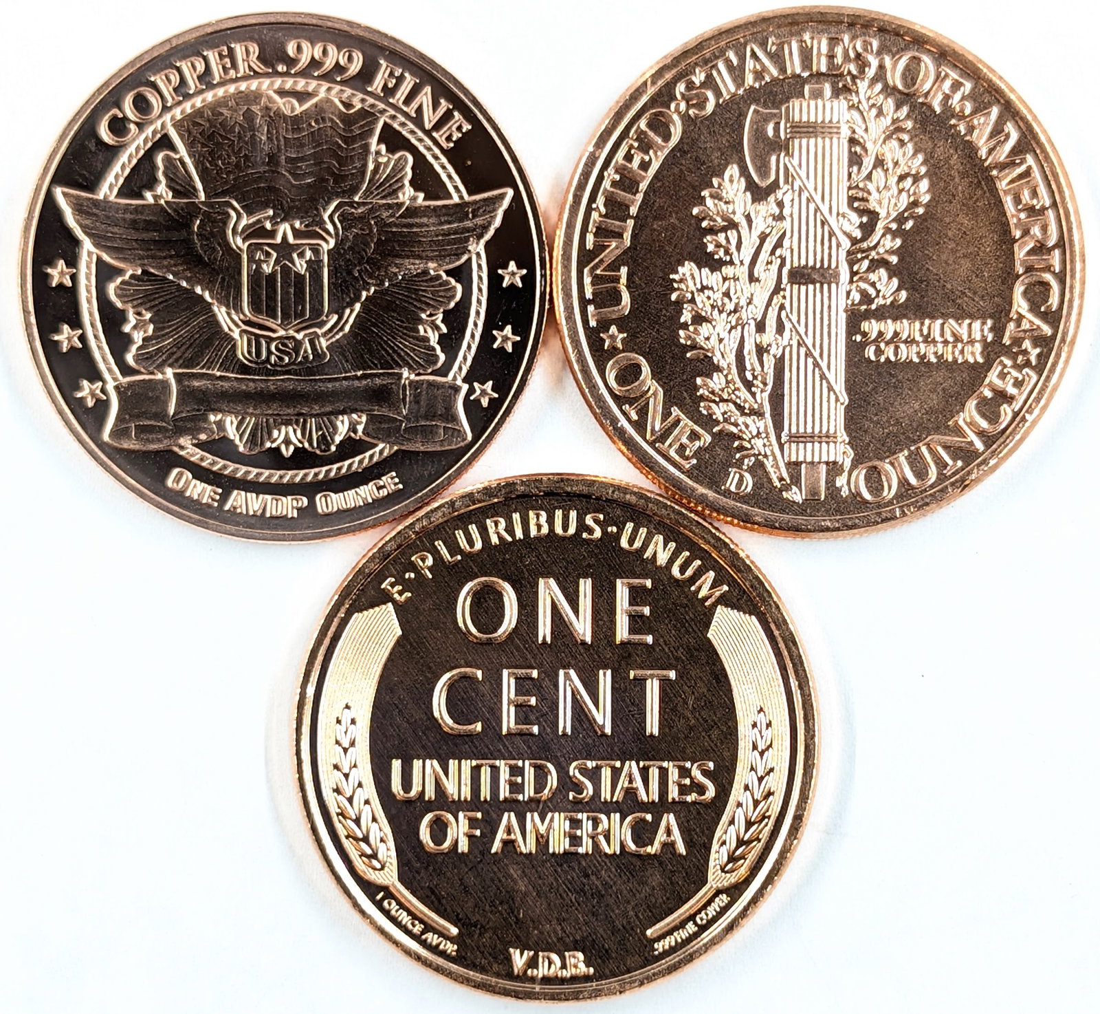Lot of 3 - 1 Ounce (each) Fine .999 Copper Rounds - Lady Liberties, Lincoln - 2