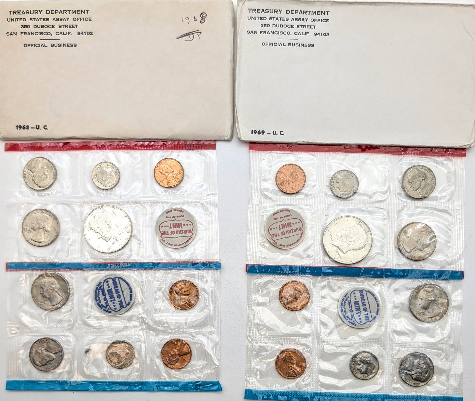 Lot of 2 US Uncirculated Sets w/ Silver JFK Half- 1968, 1969: 40% Silver