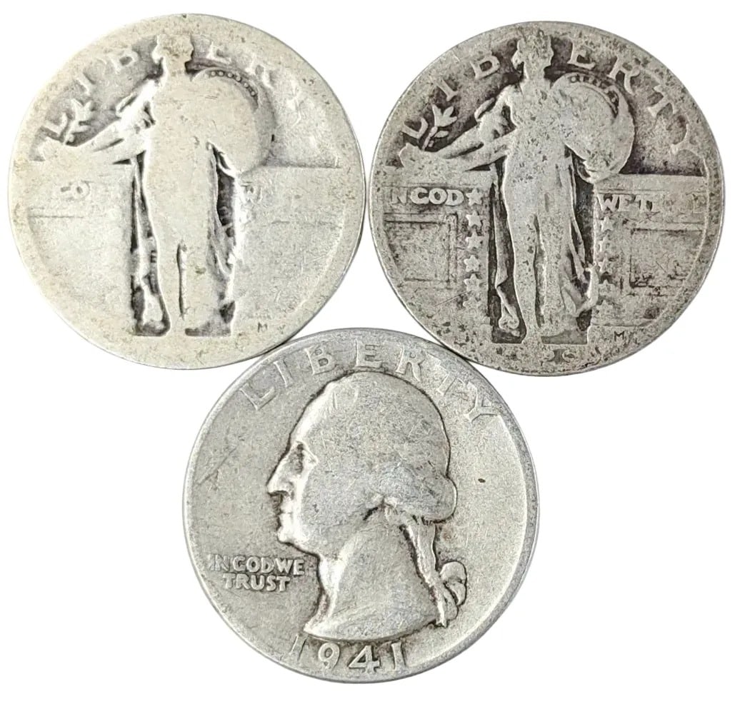Lot of 3 Silver Quarters - 2 Dateless Standings, 1941 Washington: _