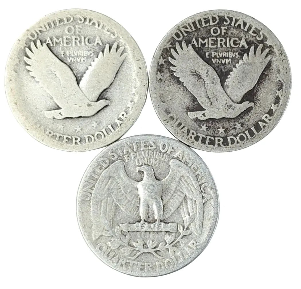 Lot of 3 Silver Quarters - 2 Dateless Standings, 1941 Washington - 2