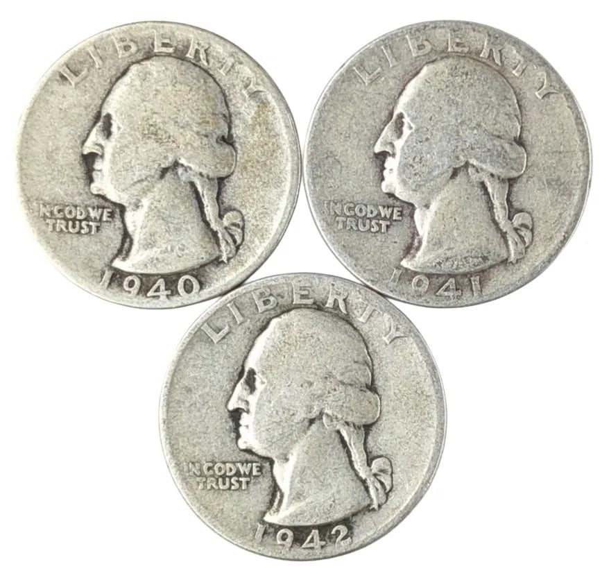 Lot of 3 Silver Washington Quarters - 1940, 1941, 1942: _