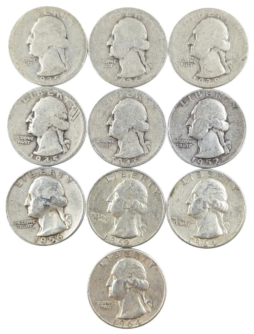 Lot of 10 Silver Washington Quarters - 1935-1964: _