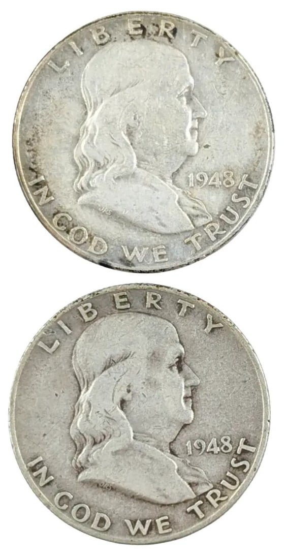 Lot of 2 Silver Franklin Half Dollars -1948 P/D: First Year of Issue