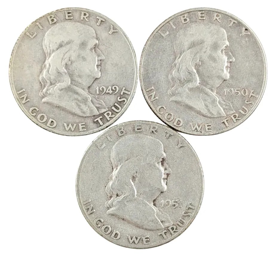 Lot of 3 Silver Franklin Half Dollars - 1949-D, 1950-D, 1951: _