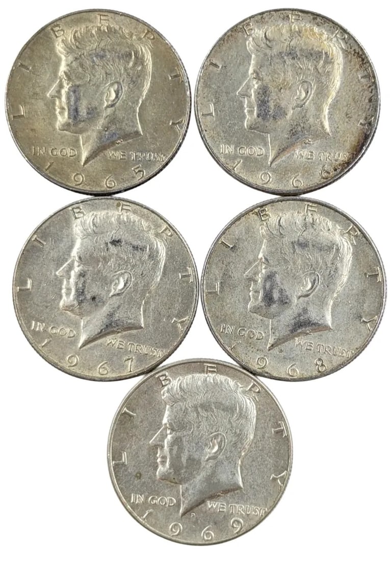 Lot of 5 Silver JFK Half Dollars- 1965-1969 (40%) (1 of 2)