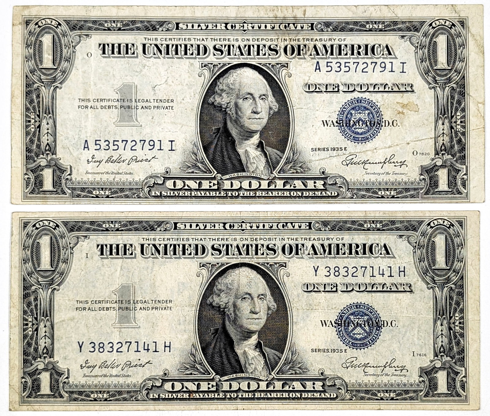 Lot of 2- 1935 E $1 Notes - Silver Certificates: Circulated