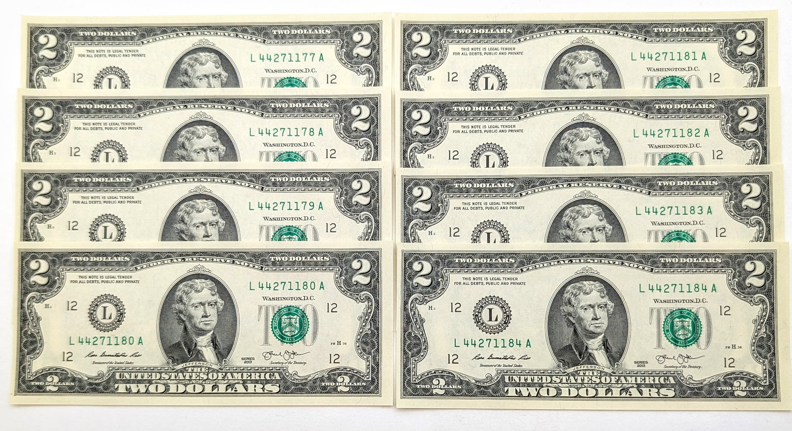 Lot of 8- Uncirculated Sequential 2013 $2 Notes - Green Seals: 1 of 2