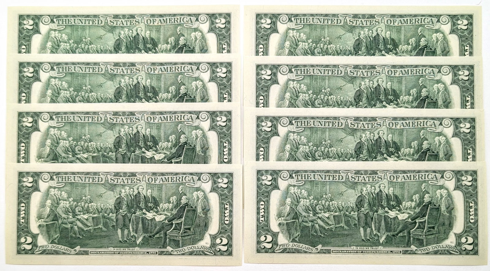 Lot of 8- Uncirculated Sequential 2013 $2 Notes - Green Seals - 2