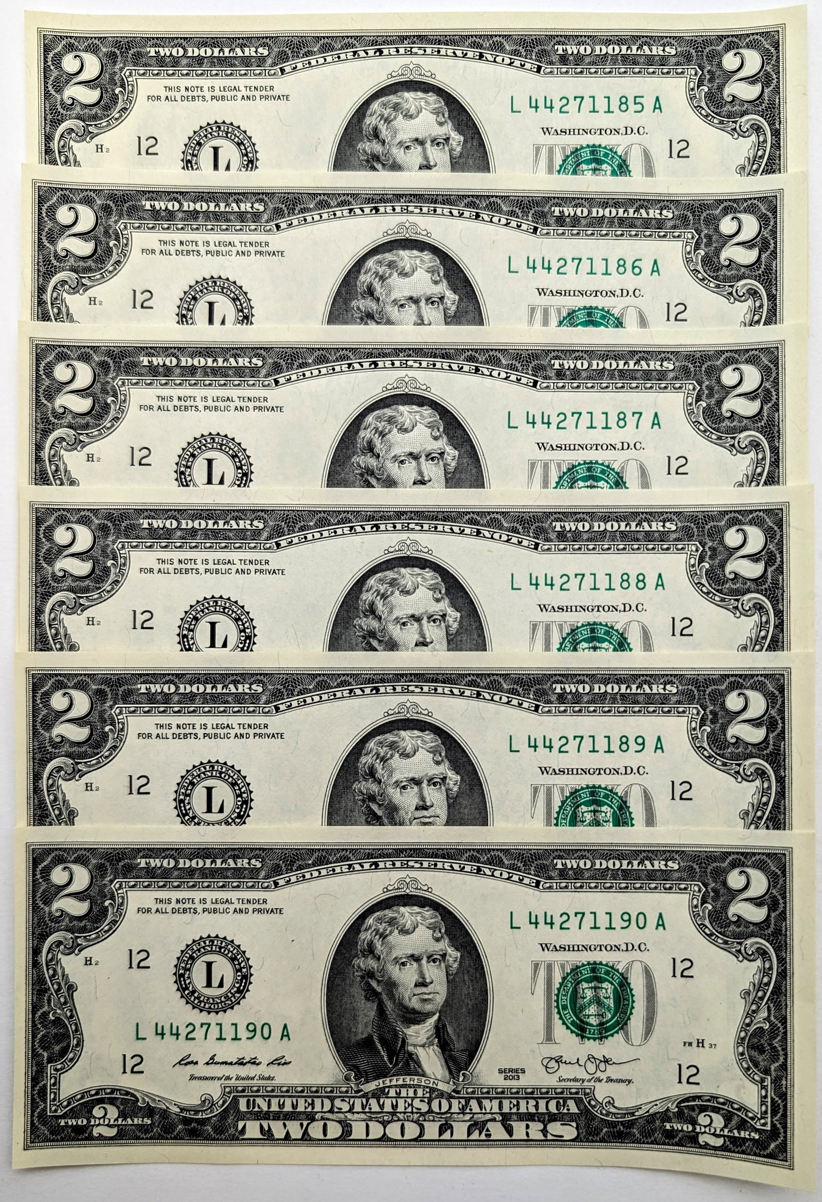 Lot of 6- Uncirculated Sequential 2013 $2 Notes - Green Seals (1 of 2)