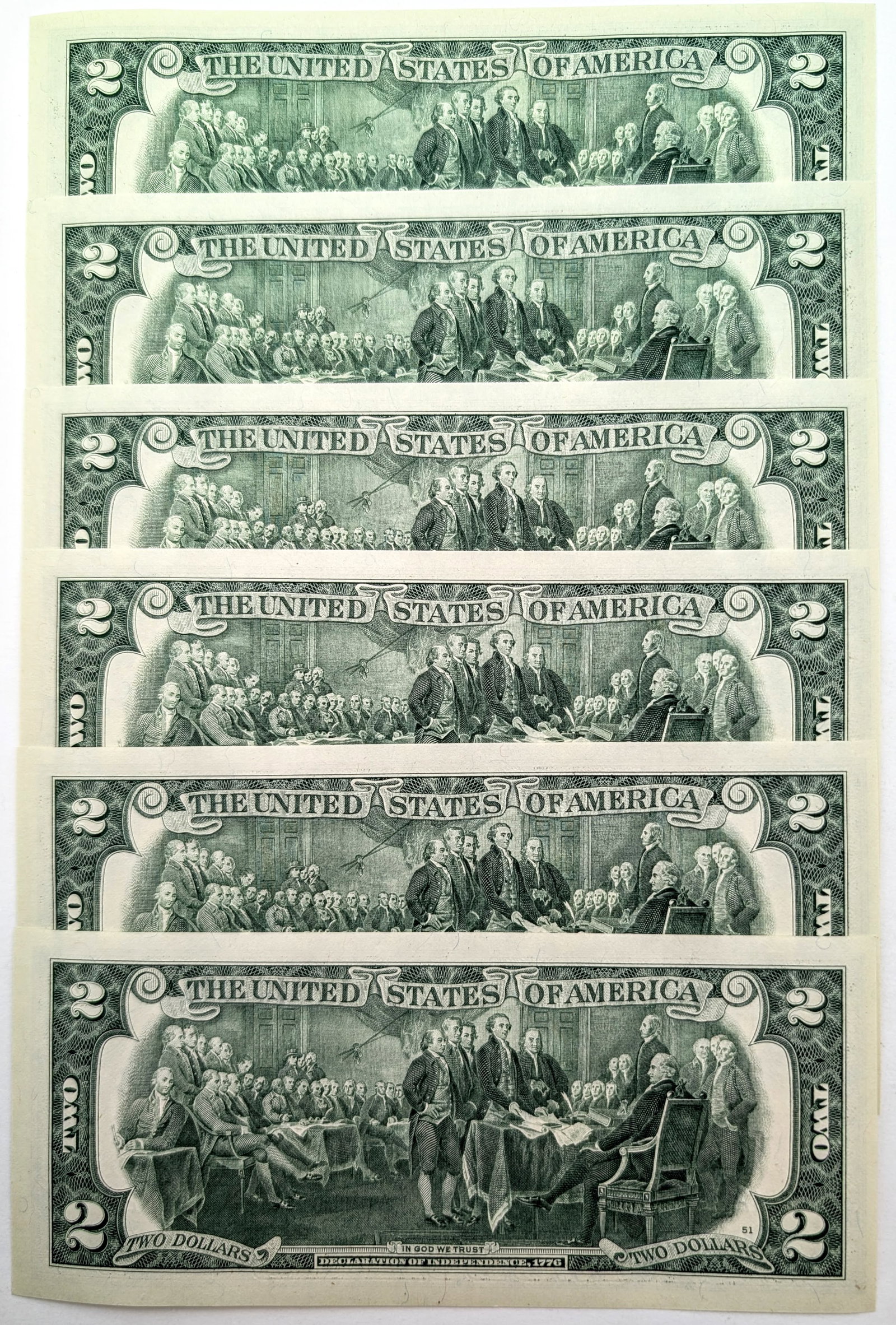 Lot of 6- Uncirculated Sequential 2013 $2 Notes - Green Seals - 2