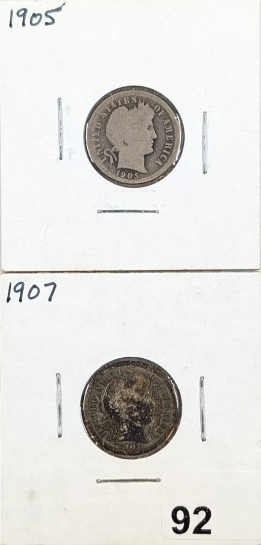 Lot of 2 Silver Barber Dimes - 1905, 1907: _