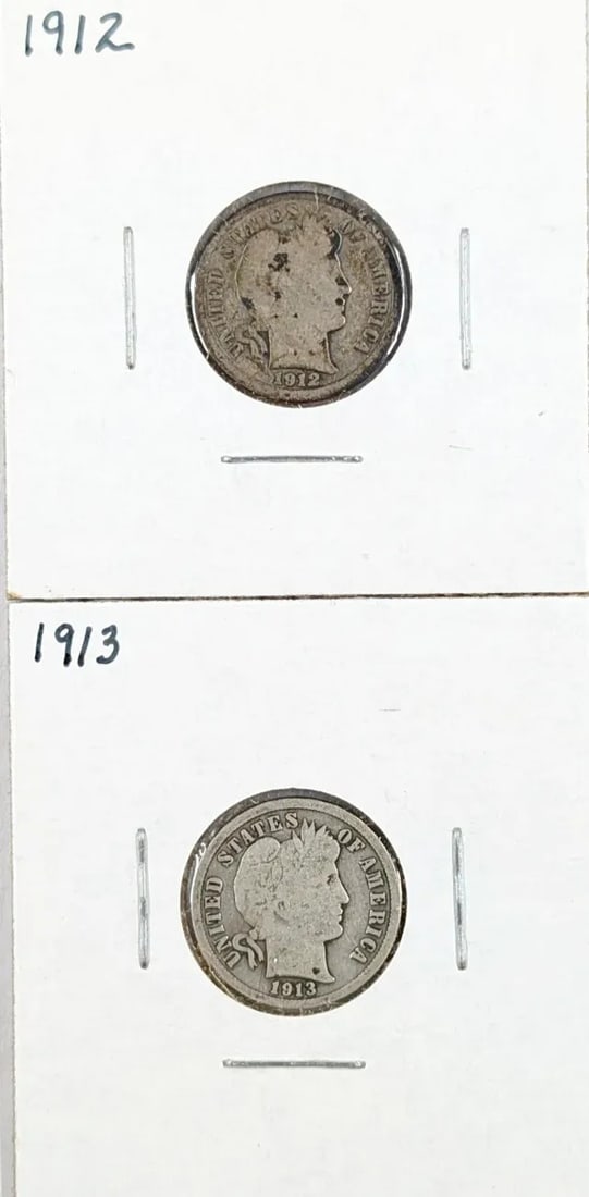 Lot of 2 Silver Barber Dimes - 1912, 1913: _