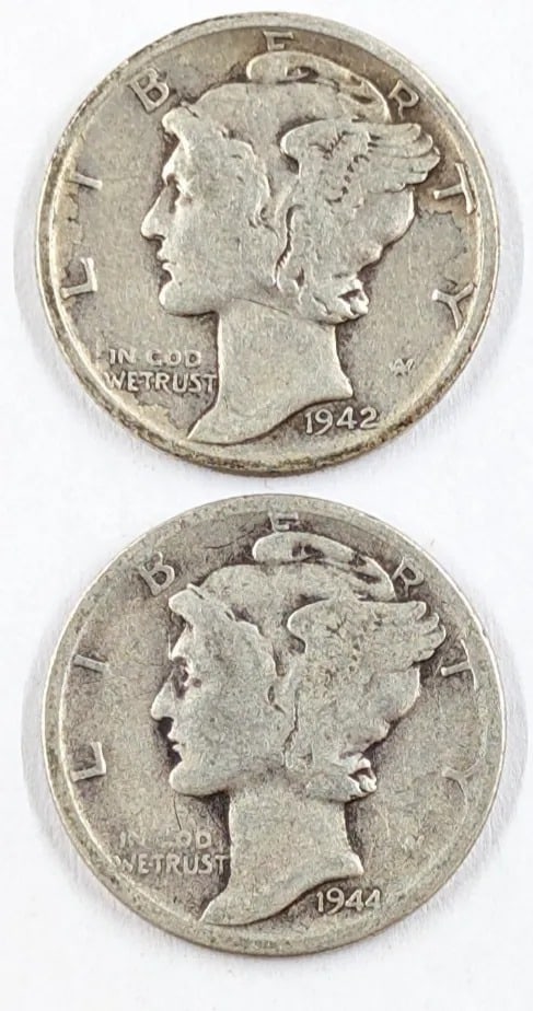 Lot of 2 Silver Mercury Dimes - 1942, 1944: _
