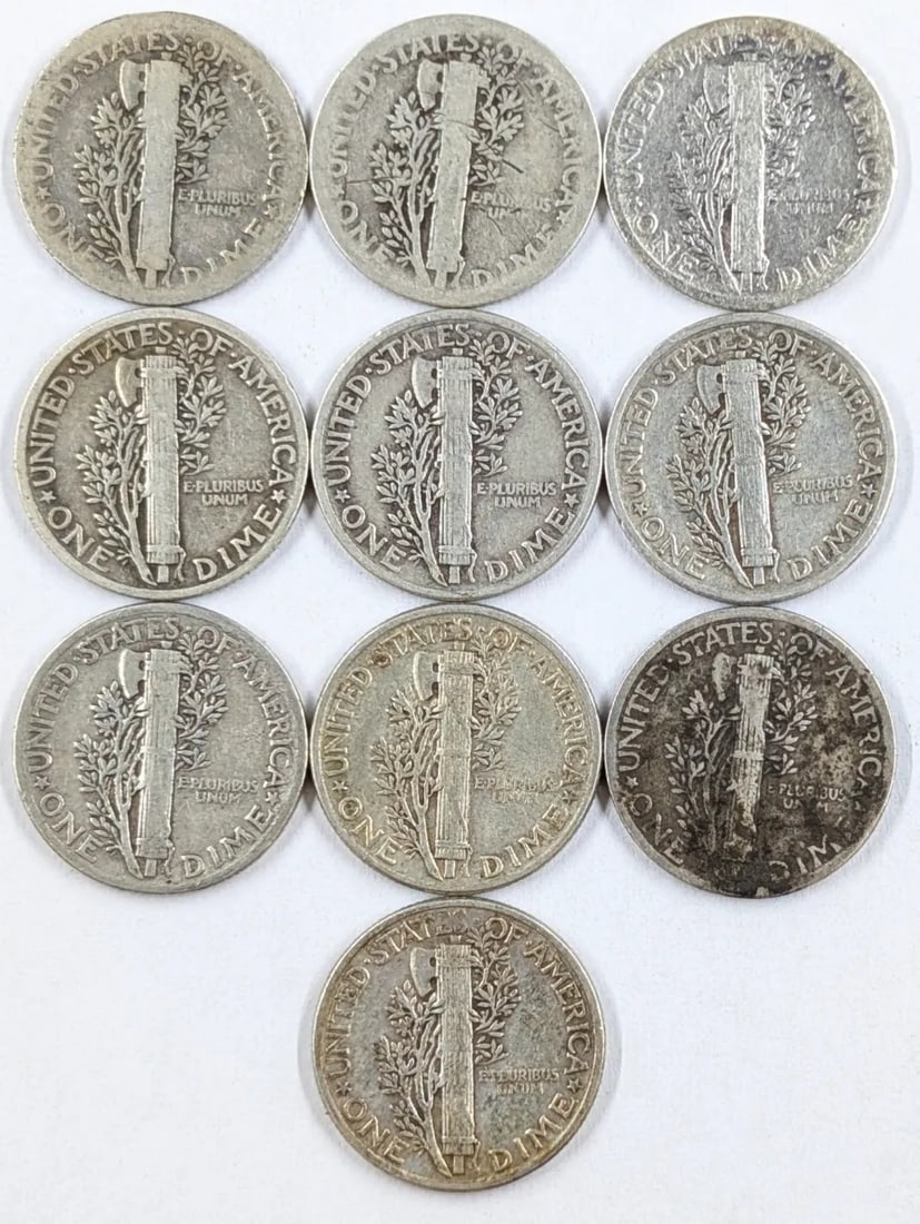 Lot of 10 Silver Mercury Dimes - 1923-1945 - 2