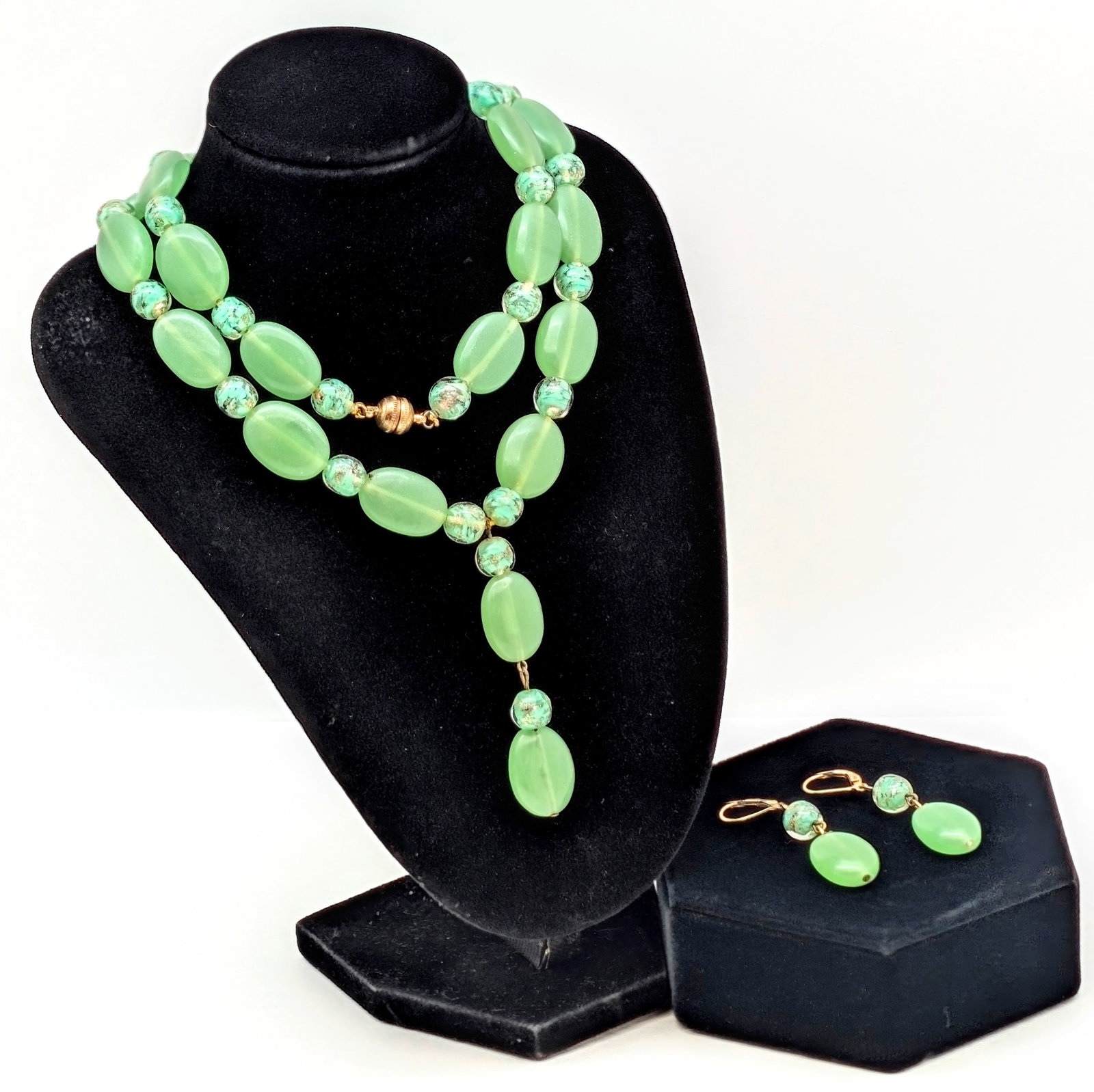 Vintage Mint Green Oval Beaded Necklace & Earring Set: Earrings are Gold Filled