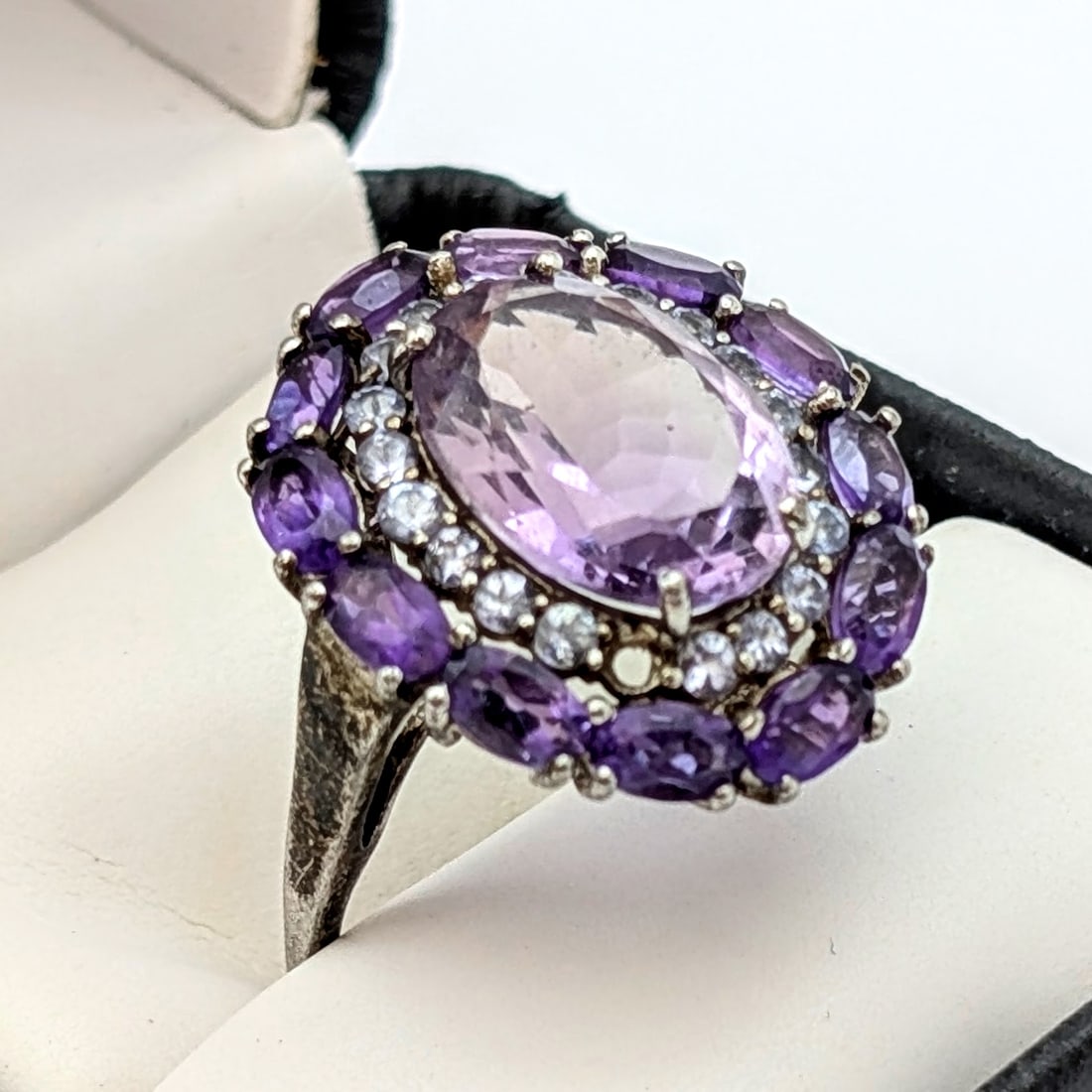 Classic Sterling Silver Cluster Cocktail Ring w/ Purple Stones: Size 9.25