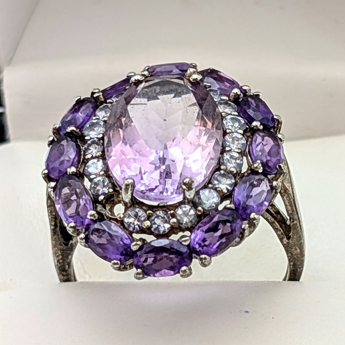 Classic Sterling Silver Cluster Cocktail Ring w/ Purple Stones - 2