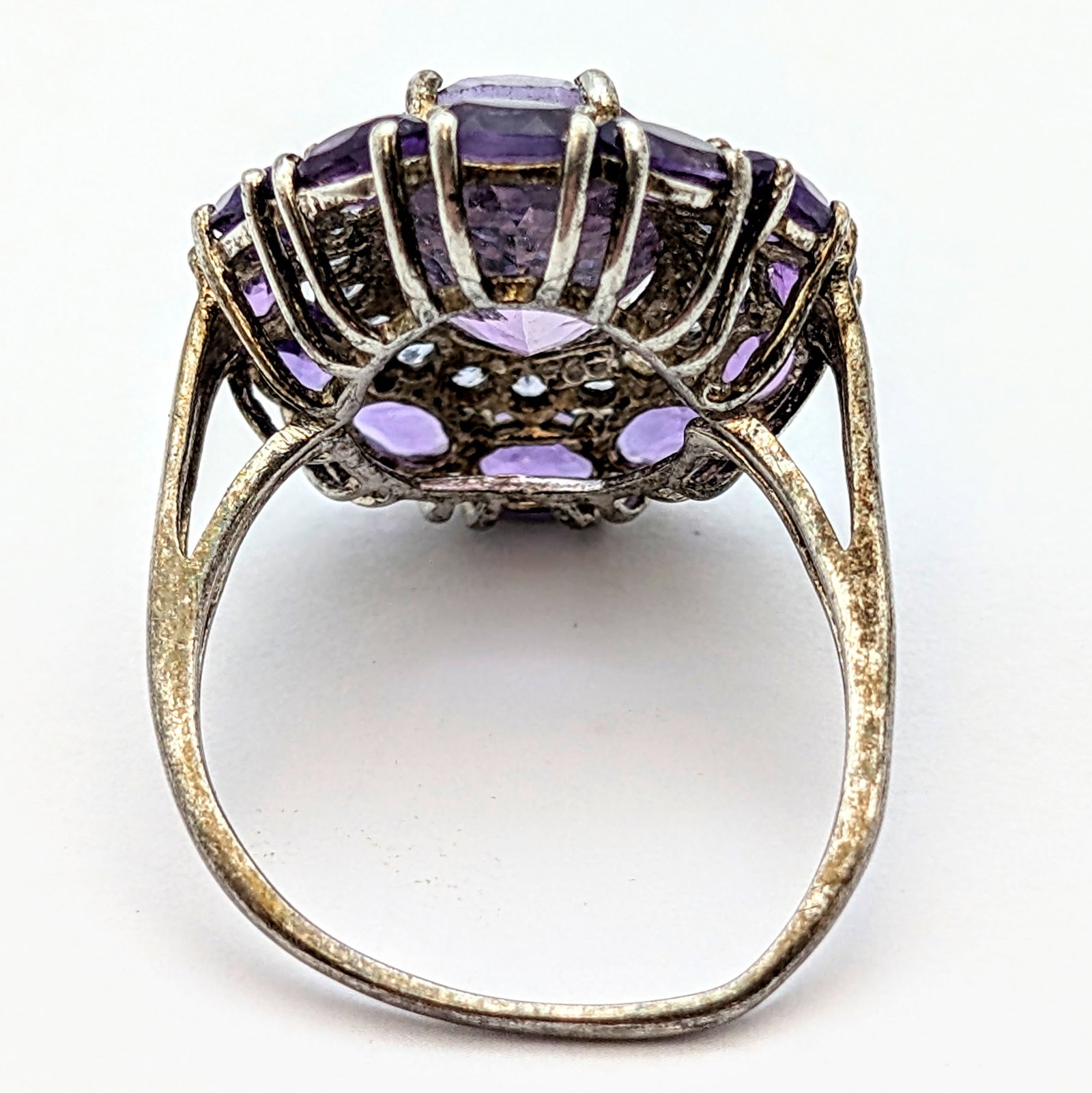 Classic Sterling Silver Cluster Cocktail Ring w/ Purple Stones - 4
