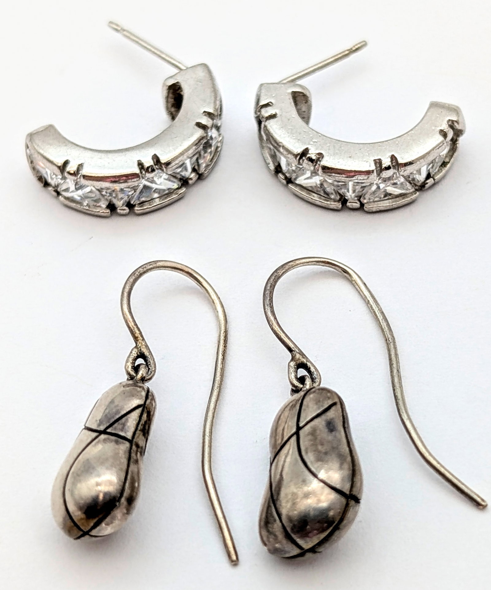 Lot of 2 Sterling Silver Earrings- Half Hoops, Drop Earrings (1 of 8)