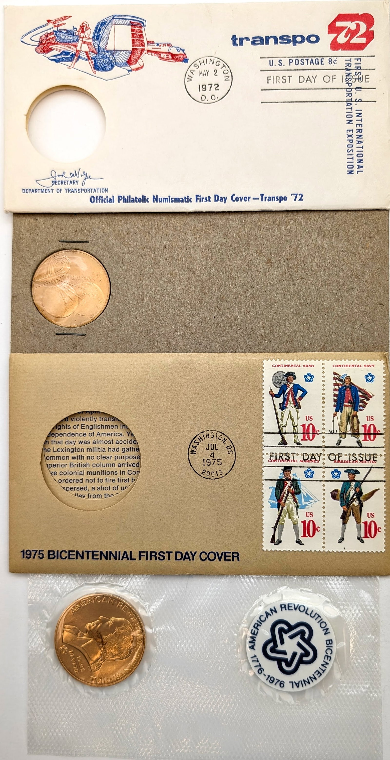 Lot of 2 American Revolution Bicentennial Commemorative Medal & Stamp- 1972, 1975: _