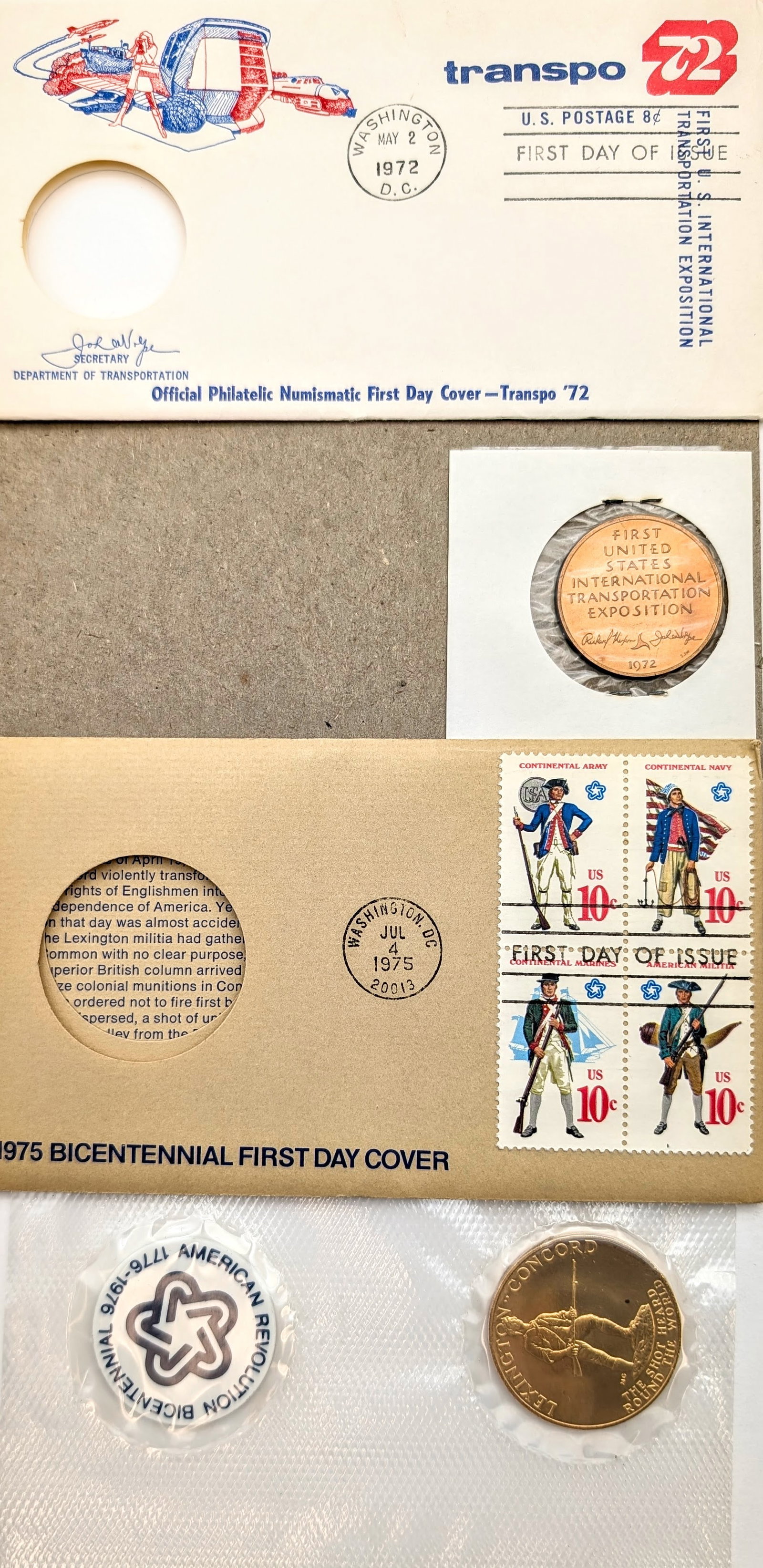 Lot of 2 American Revolution Bicentennial Commemorative Medal & Stamp- 1972, 1975 - 2