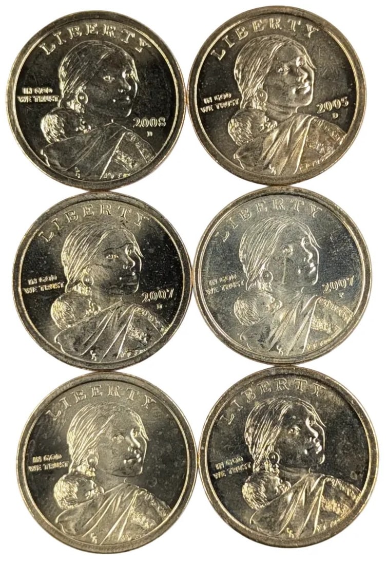 Lot of 6 Sacagawea $1 Dollar Coins - 2005-2009: _