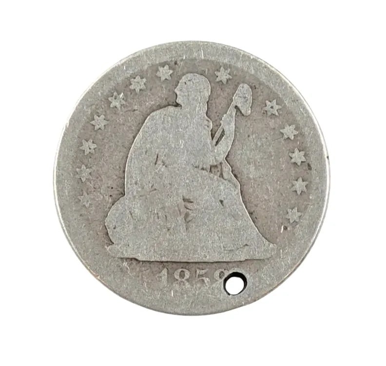 1858-O Silver Seated Liberty Quarter: Has Hole