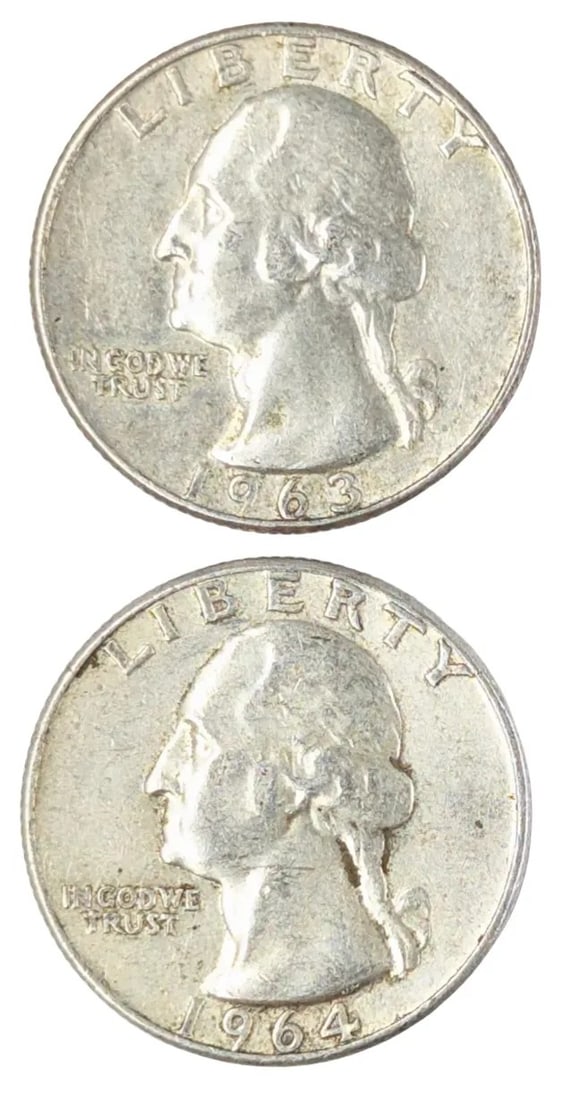 Lot of 2 Silver Washington Quarters - 1963-D, 1964: _