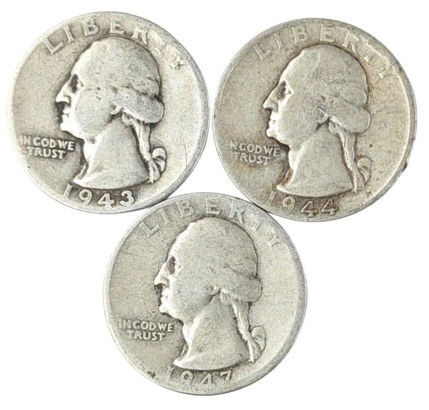 Lot of 3 Silver Washington Quarters - 1943, 1944-S, 1947-D: _