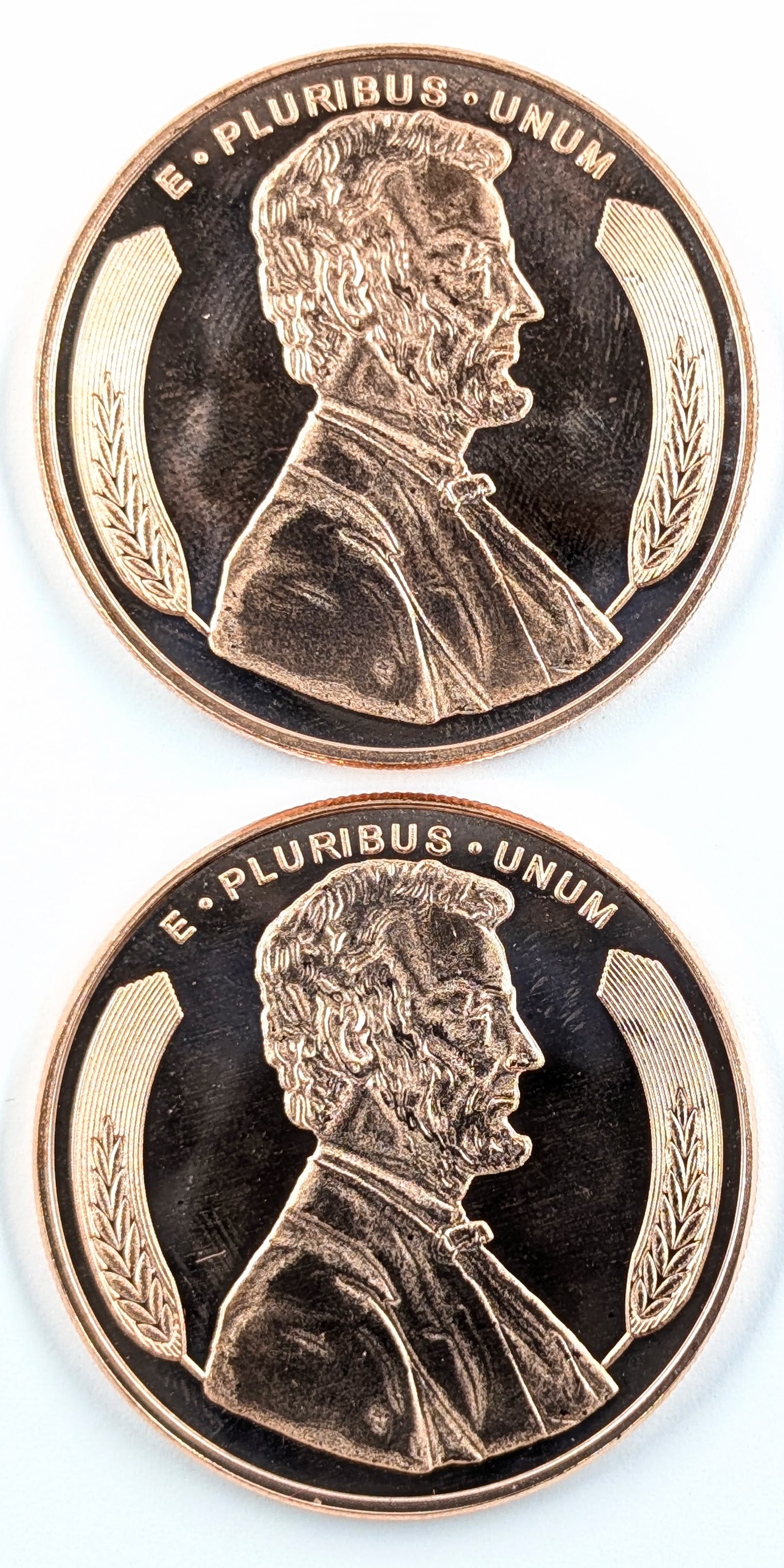 Lot of 2 - 1 Ounce (each) Fine .999 Copper Rounds -Lincoln: _