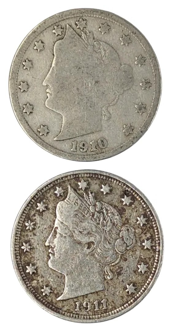Lot of 2 V Nickels- 1910, 1911: _