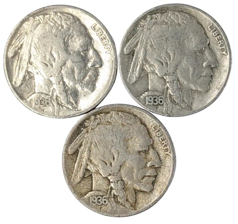 Lot of 3 Buffalo Head Nickels - 1936 S/P/D: _