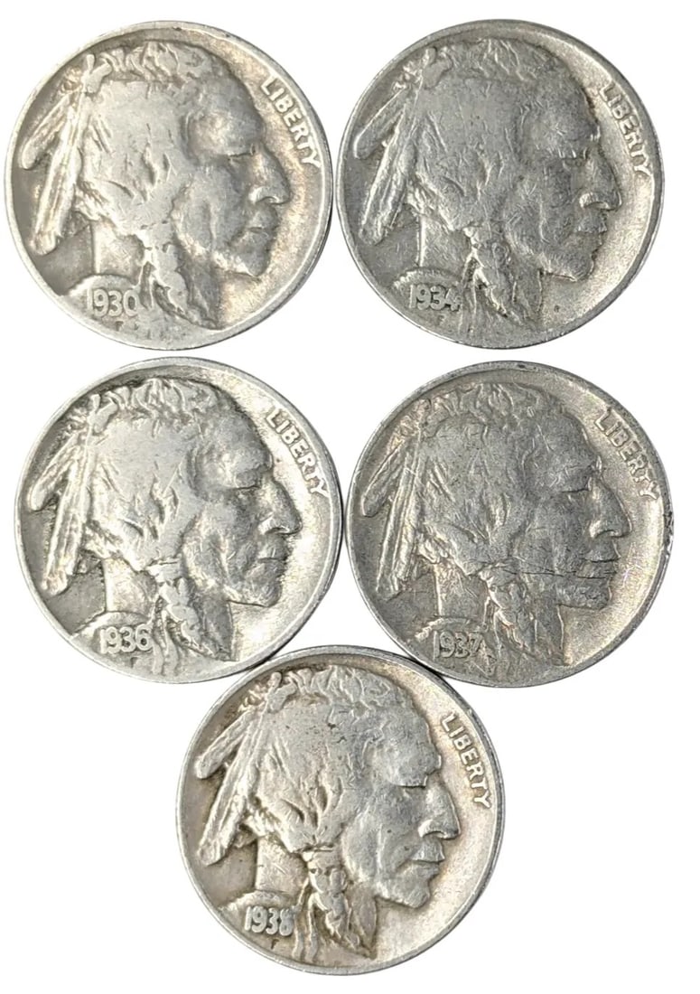 Lot of 5 Buffalo Head Nickels - 1930-1938: _